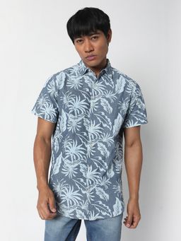 R&B - Blue Cotton Regular Fit Point Collar Floral Short Sleeves Men's Shirt