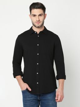 R&B - Black Textured Cotton Regular Fit Collar Neck Full Sleeves Men's Shirt