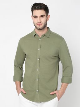 R&B - Green Textured Cotton Regular Fit Collar Neck Full Sleeves Men's Shirt