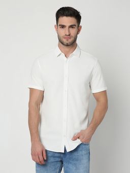 R&B - White Cotton Blend Regular Fit Point Collar Solid Men's Shirt