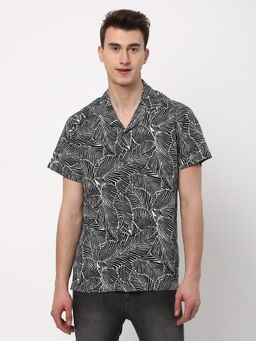 R&B - Black Viscose Regular Fit Cuban Collar Printed Men's Shirt