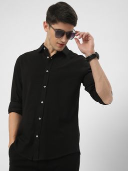 R&B - Black Cotton Regular Fit Point Collar Textured Long Sleeves Men's Shirt