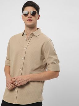 R&B - Beige Cotton Regular Fit Point Collar Textured Long Sleeves Men's Shirt