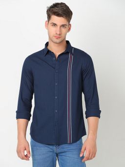R&B - Navy Blue Cotton Regular Fit Spread Collar Striped Panel Men's Shirt
