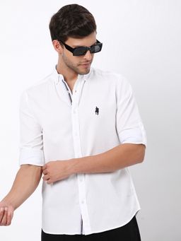 R&B - White Cotton Regular Fit Button-Down Collar Solid Men's Shirt