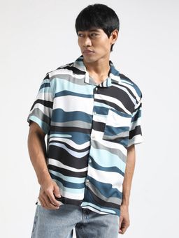 R&B - White Rayon Slim Fit Cuban Collar Geometric Men's Shirt