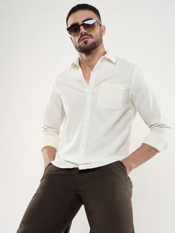 R&B - White Cotton Regular Fit Textured Full Sleeve Men's Shirt