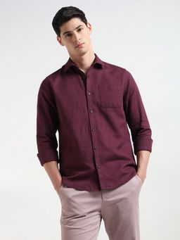 R&B - Burgundy Cotton Regular Fit Point Collar Textured Full Sleeve Men's Shirt