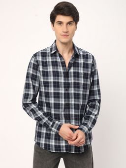 R&B - Blue Cotton Regular Fit Point Collar Checked Men's Shirt