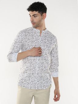 R&B - White Cotton Regular Fit Mandarin Collar Printed Men's Shirt