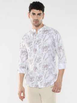 R&B - White Cotton Regular Fit Mandarin Collar Printed Men's Shirt