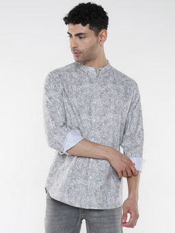 R&B - White Cotton Regular Fit Mandarin Collar Printed Men's Shirt