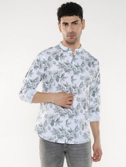 R&B - White Cotton Regular Fit Mandarin Collar Printed Men's Shirt