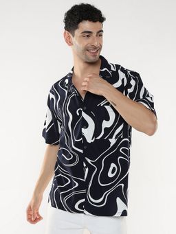 R&B - Navy Blue Viscose Relaxed Fit Camp Collar Abstract Men's Shirt