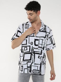 R&B - White Viscose Relaxed Fit Abstract Short Sleeves Men's Shirt