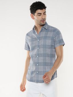 R&B - Blue Cotton Regular Fit Point Collar Checked Men's Shirt