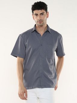 R&B - Grey Poly Cotton Loose Fit Point Collar Textured Men's Shirt