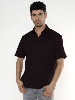 R&B - Brown Poly Cotton Loose Fit Point Collar Textured Men's Shirt