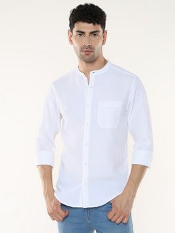 R&B - White Poly Cotton Regular Fit Mandarin Collar Textured Full Sleeve Men's Shirt