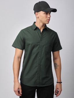 R&B - Olive Cotton Slim Fit Point Collar Solid Men's Shirt