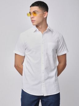 R&B - White Cotton Slim Fit Point Collar Solid Men's Shirt