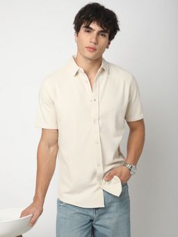 R&B - Cream Cotton Blend Regular Fit Solid Men's Shirt