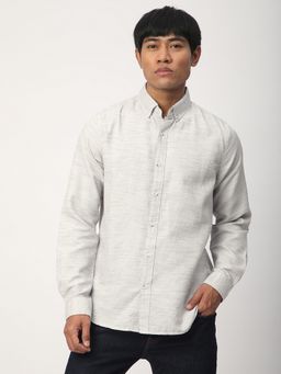 R&B - Grey Cotton Blend Regular Fit Button-Down Collar Textured Men's Shirt