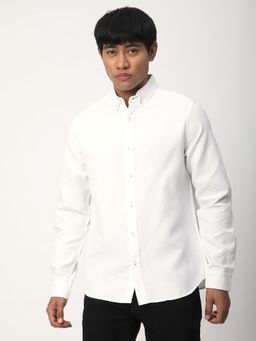 R&B - White Cotton Blend Regular Fit Button-Down Collar Textured Men's Shirt