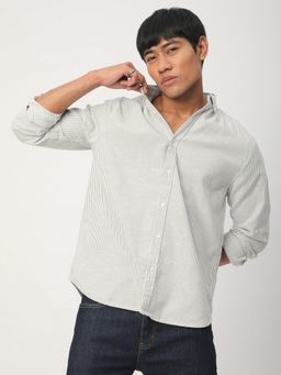 R&B - White Cotton Blend Regular Fit Button-Down Collar Striped Men's Shirt