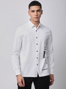 R&B - White Cotton Slim Fit Point Collar Long Sleeves Men's Shirt