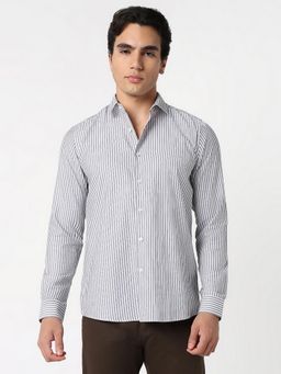 R&B - White Cotton Regular Fit Spread Collar Striped Long Sleeves Men's Shirt