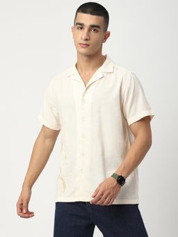 R&B - Beige Cotton Relaxed Fit Cuban Collar Solid Men's Shirt