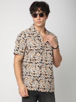 R&B - Black Cotton Slim Fit Cuban Collar Printed Men's Shirt