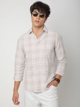 R&B - Beige Cotton Slim Fit Point Collar Checked Full Sleeves Men's Shirt