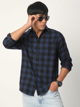 R&B - Navy Blue Cotton Regular Fit Point Collar Checked Full Sleeve Men's Shirt