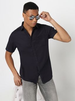 R&B - Navy Blue Polyester Regular Fit Point Collar Solid Men's Shirt