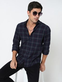 R&B - Navy Blue Cotton Blend Regular Fit Checked Full Sleeves Men's Shirt