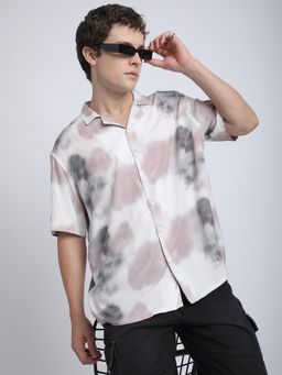 R&B - Off White Viscose Relaxed Fit Camp Collar Abstract Printed Men's Shirt
