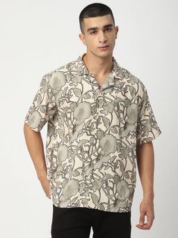 R&B - Beige Viscose Relaxed Fit Cuban Collar Floral Printed Men's Shirt