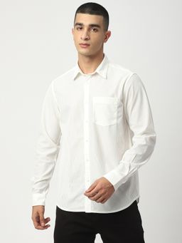 R&B - White Polyester Regular Fit Point Collar Textured Full Sleeve Men's Shirt