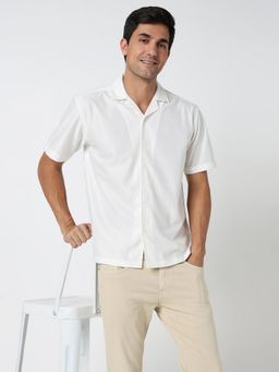 R&B - White Polyester Relaxed Fit Camp Collar Textured Men's Shirt