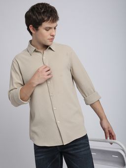R&B - Beige Cotton Regular Fit Point Collar Textured Full Sleeve Men's Shirt