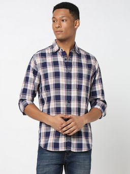 R&B - Navy Blue Cotton Regular Fit Point Collar Full Sleeve Checks Men's Shirt