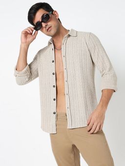 R&B - Beige Polycotton Regular Fit Point Collar Textured Full Sleeve Men's Shirt