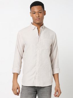 R&B - Beige Polycotton Regular Fit Button-Down Collar Textured Full Sleeve Men's Shirt
