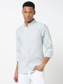 R&B - Green Polycotton Regular Fit Button-Down Collar Textured Full Sleeve Men's Shirt