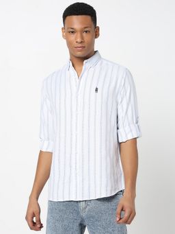 R&B - White Polycotton Regular Fit Button-Down Collar Striped Men's Shirt
