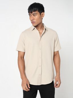 R&B - Beige Polycotton Regular Fit Spread Collar Solid Men's Shirt