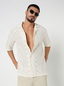 R&B - White Polycotton Regular Fit Cuban Collar Textured Men's Shirt