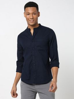 R&B - Navy Blue Cotton Slim Fit Mandarin Collar Solid Long Sleeves Men's Shirt